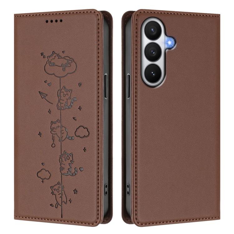 For Samsung Galaxy S26 5G Cute Cats Embossed Magnetic RFID Vegan Leather Phone Case