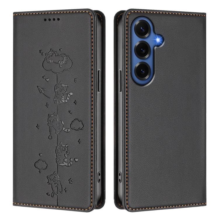For Samsung Galaxy S26+ 5G Cute Cats Embossed Magnetic RFID Vegan Leather Phone Case