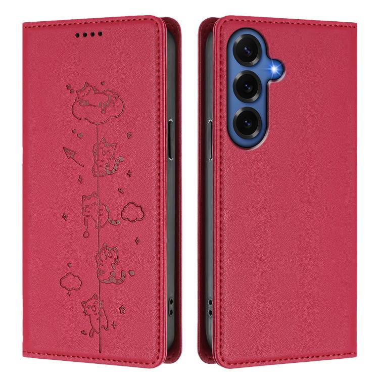 For Samsung Galaxy S26+ 5G Cute Cats Embossed Magnetic RFID Vegan Leather Phone Case