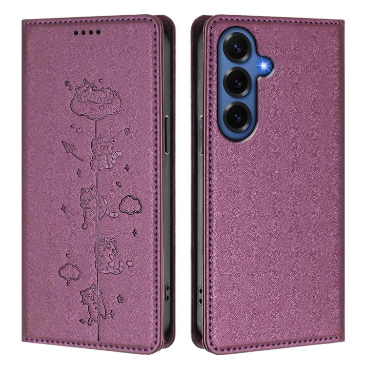 For Samsung Galaxy S26+ 5G Cute Cats Embossed Magnetic RFID Vegan Leather Phone Case