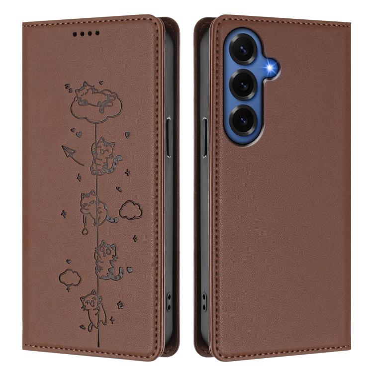For Samsung Galaxy S26+ 5G Cute Cats Embossed Magnetic RFID Vegan Leather Phone Case