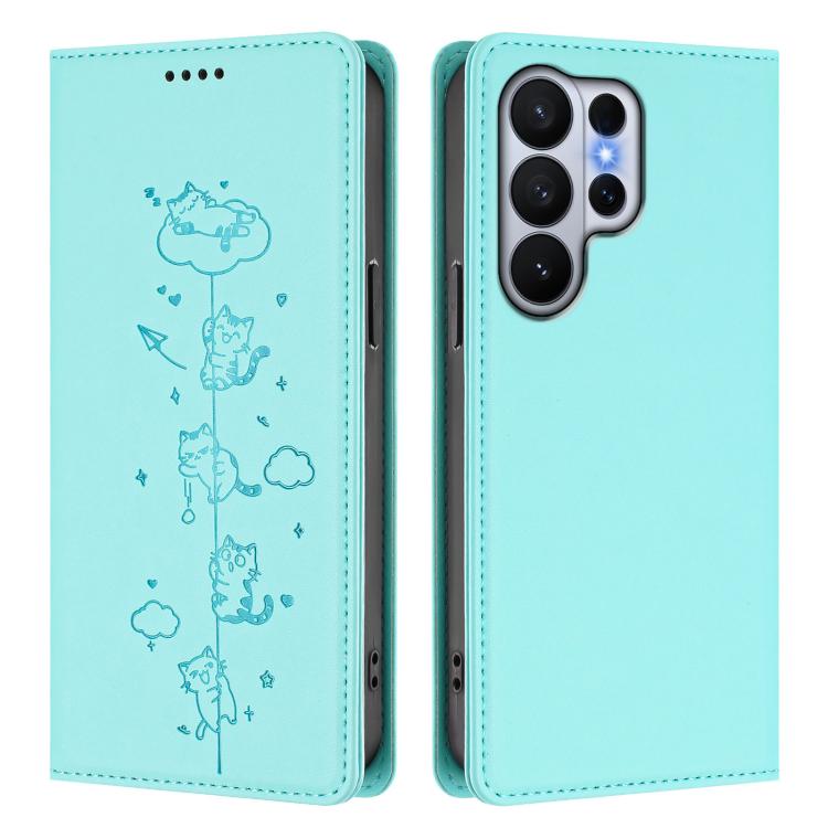 For Samsung Galaxy S26 Ultra 5G Cute Cats Embossed Magnetic RFID Vegan Leather Phone Case