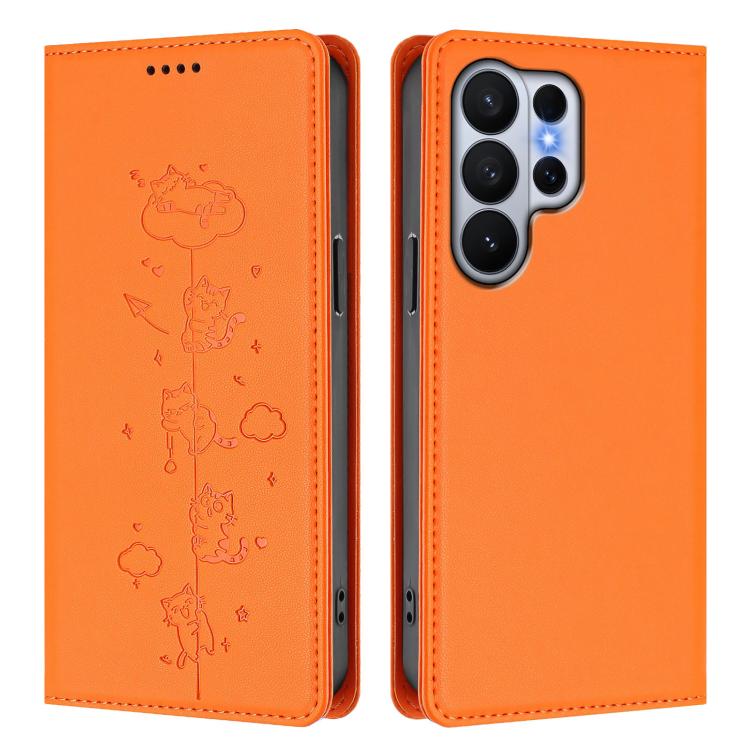 For Samsung Galaxy S26 Ultra 5G Cute Cats Embossed Magnetic RFID Vegan Leather Phone Case