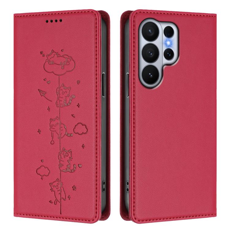 For Samsung Galaxy S26 Ultra 5G Cute Cats Embossed Magnetic RFID Vegan Leather Phone Case