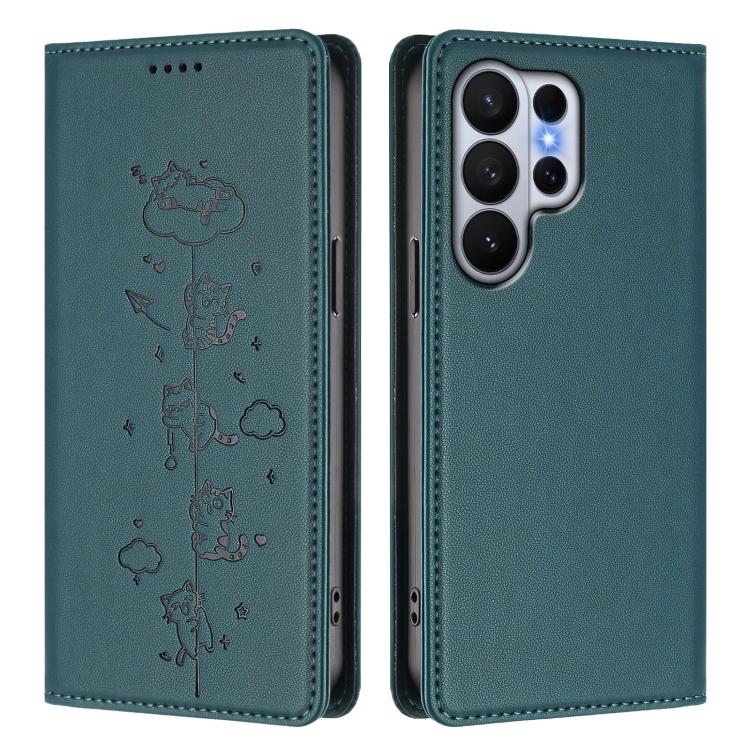 For Samsung Galaxy S26 Ultra 5G Cute Cats Embossed Magnetic RFID Vegan Leather Phone Case