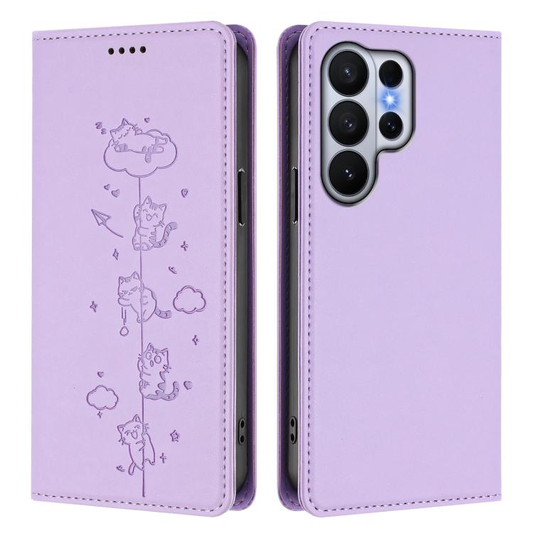 For Samsung Galaxy S26 Ultra 5G Cute Cats Embossed Magnetic RFID Vegan Leather Phone Case