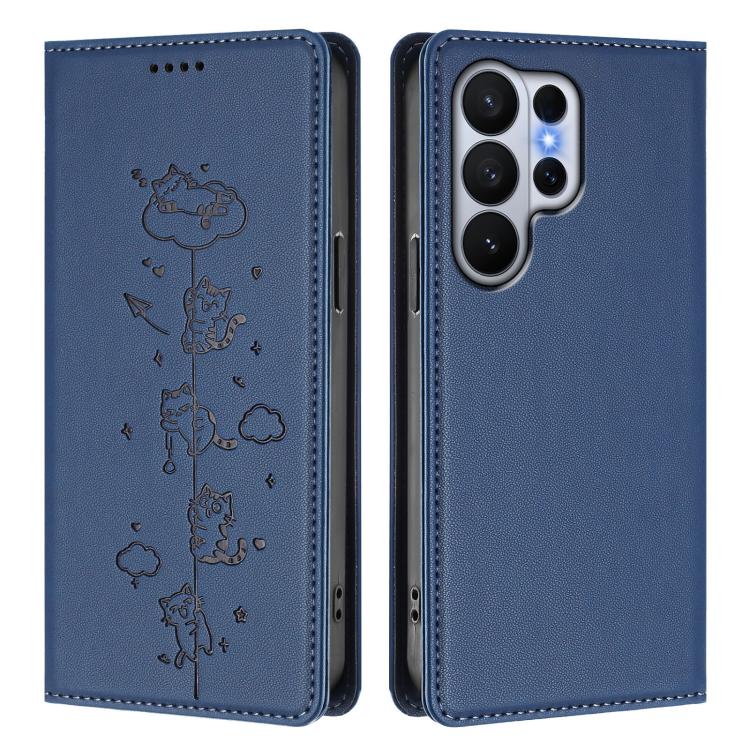 For Samsung Galaxy S26 Ultra 5G Cute Cats Embossed Magnetic RFID Vegan Leather Phone Case