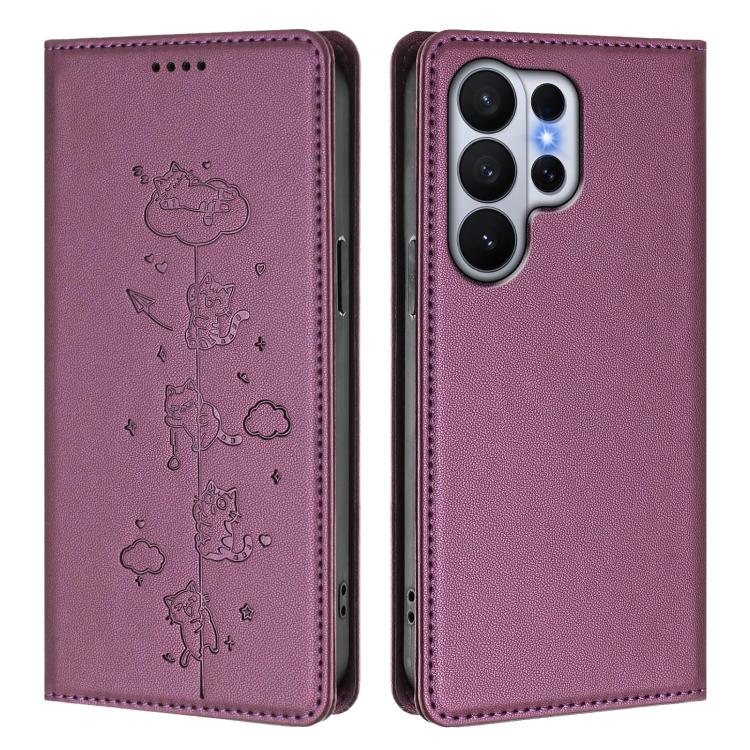 For Samsung Galaxy S26 Ultra 5G Cute Cats Embossed Magnetic RFID Vegan Leather Phone Case