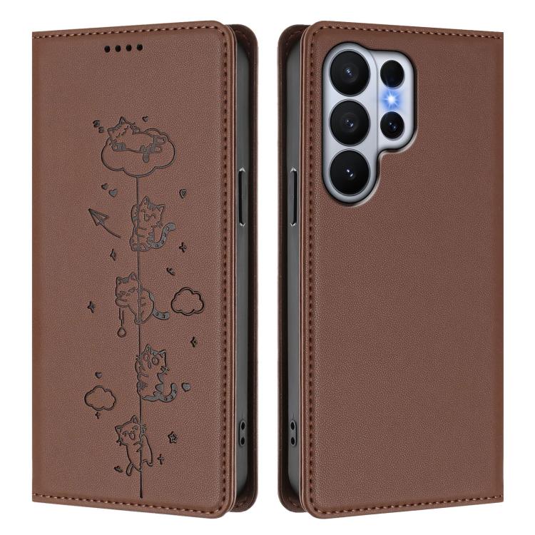 For Samsung Galaxy S26 Ultra 5G Cute Cats Embossed Magnetic RFID Vegan Leather Phone Case