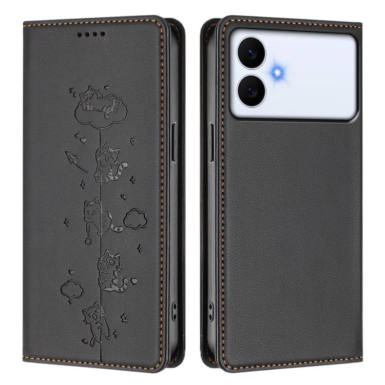 For Samsung Galaxy S26 Edge 5G Cute Cats Embossed Magnetic RFID Vegan Leather Phone Case
