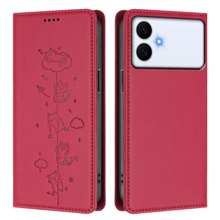 For Samsung Galaxy S26 Edge 5G Cute Cats Embossed Magnetic RFID Vegan Leather Phone Case