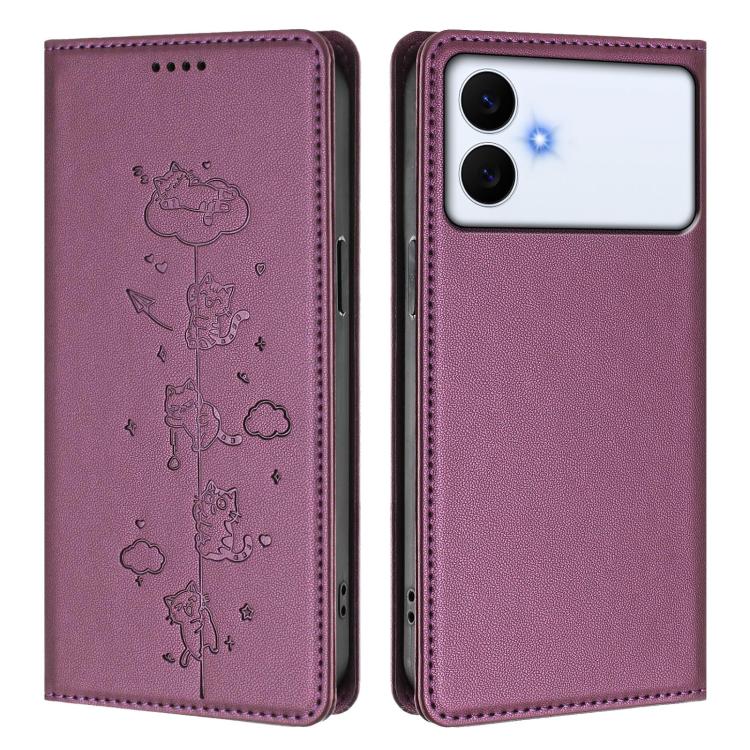 For Samsung Galaxy S26 Edge 5G Cute Cats Embossed Magnetic RFID Vegan Leather Phone Case