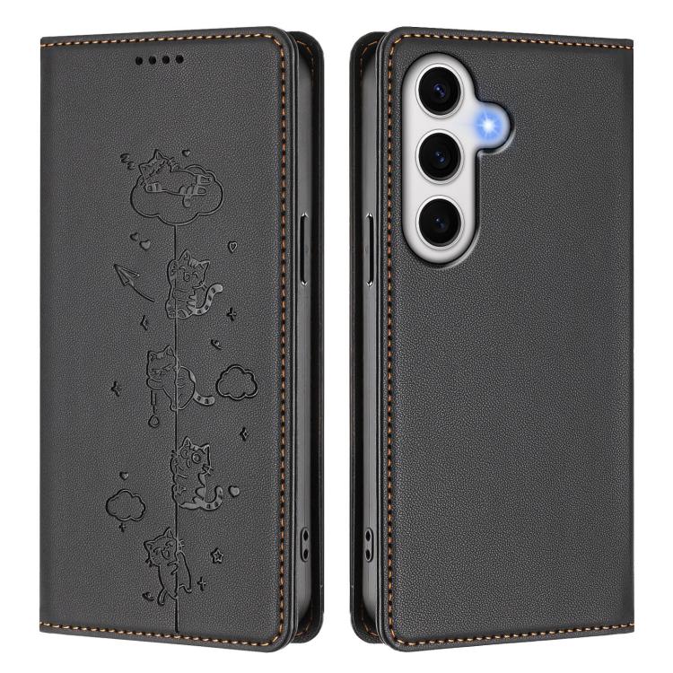 For Samsung Galaxy S23 FE 5G Cute Cats Embossed Magnetic RFID Vegan Leather Phone Case