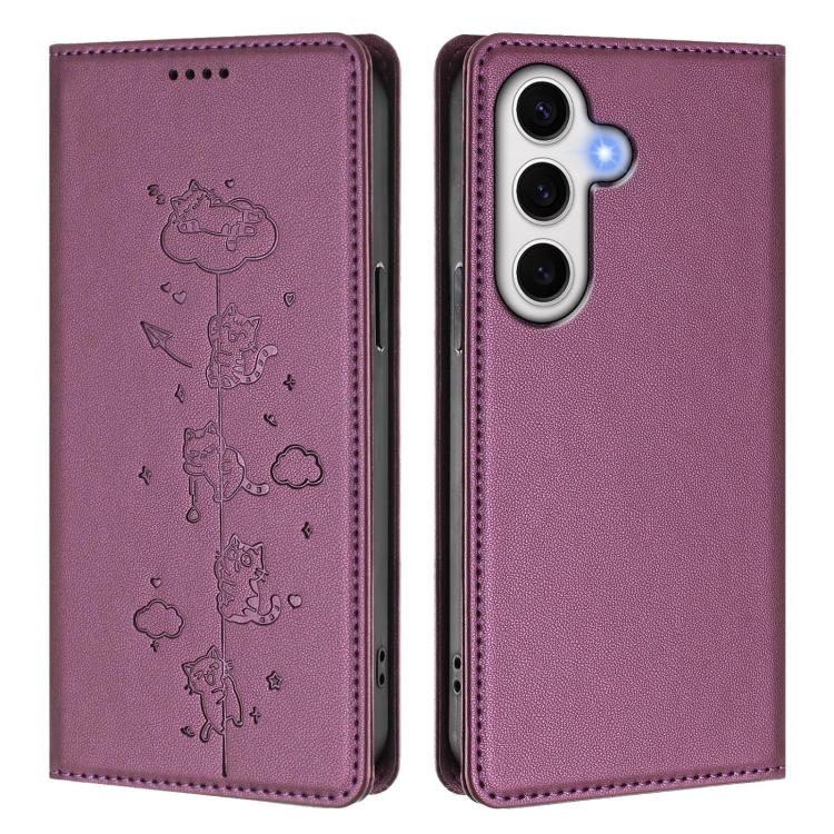 For Samsung Galaxy S23 FE 5G Cute Cats Embossed Magnetic RFID Vegan Leather Phone Case