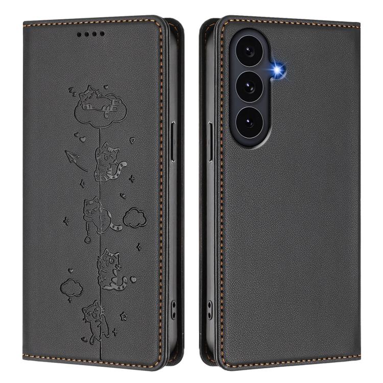 For Galaxy S26 FE 5G Cute Cats Embossed Magnetic RFID Vegan Leather Phone Case