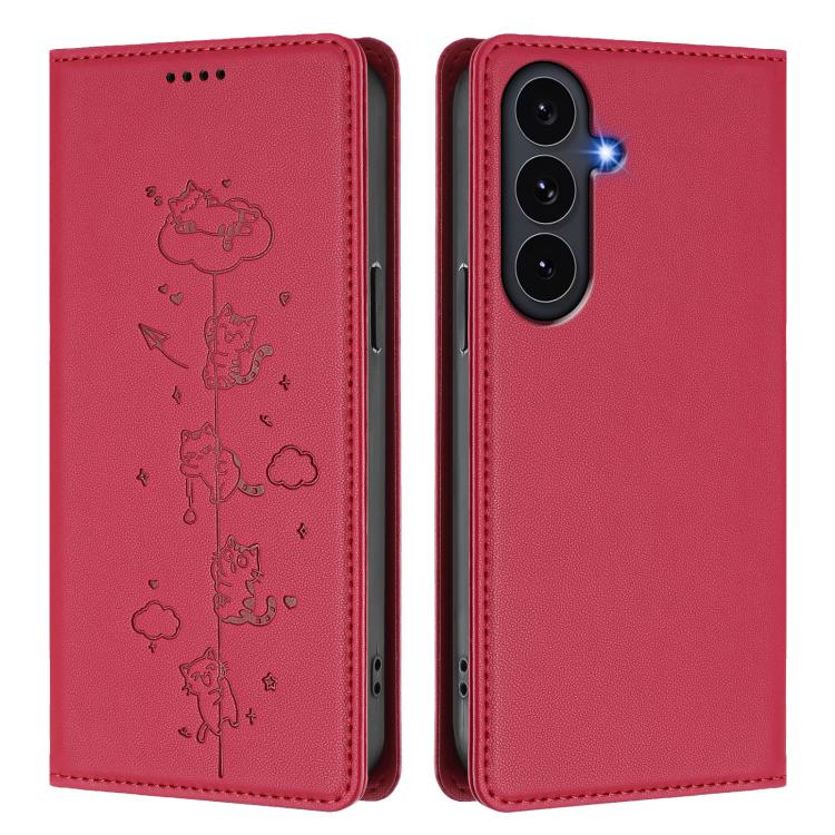 For Galaxy S26 FE 5G Cute Cats Embossed Magnetic RFID Vegan Leather Phone Case