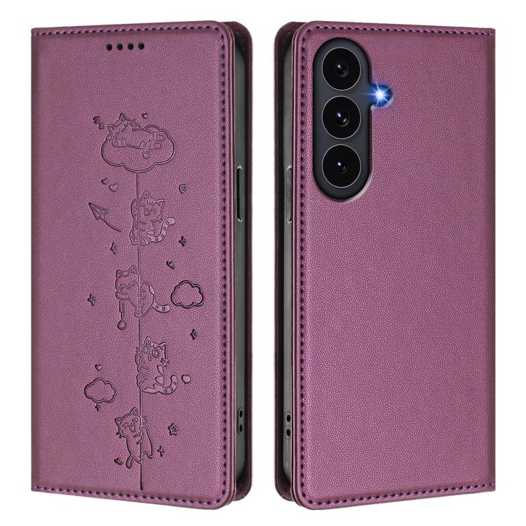For Galaxy S26 FE 5G Cute Cats Embossed Magnetic RFID Vegan Leather Phone Case