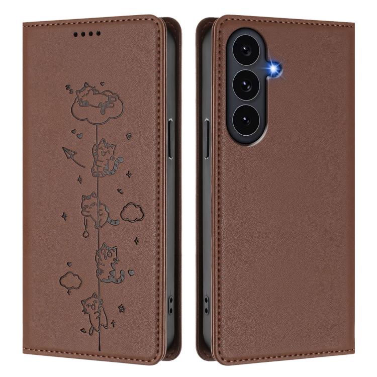 For Galaxy S26 FE 5G Cute Cats Embossed Magnetic RFID Vegan Leather Phone Case