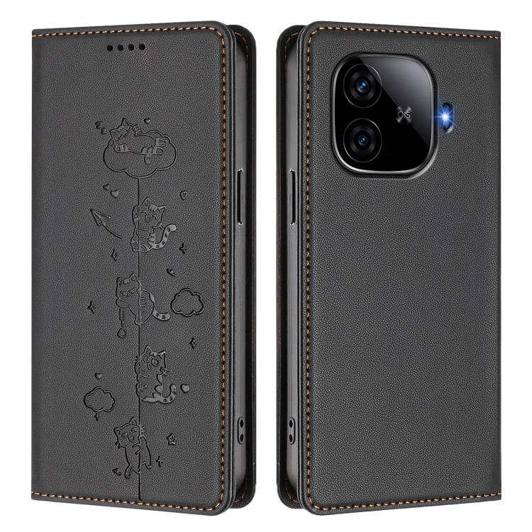 For vivo iQOO Z9 5G / Z9 Turbo 5G Cute Cats Embossed Magnetic RFID Vegan Leather Phone Case