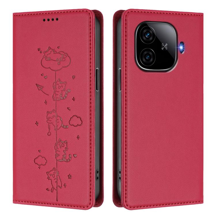 For vivo iQOO Z9 5G / Z9 Turbo 5G Cute Cats Embossed Magnetic RFID Vegan Leather Phone Case