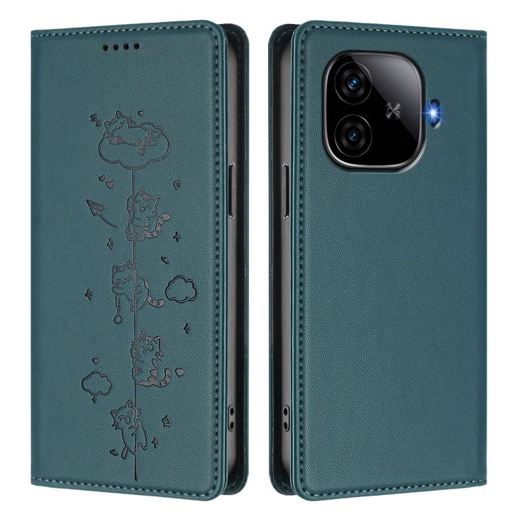 For vivo iQOO Z9 5G / Z9 Turbo 5G Cute Cats Embossed Magnetic RFID Vegan Leather Phone Case