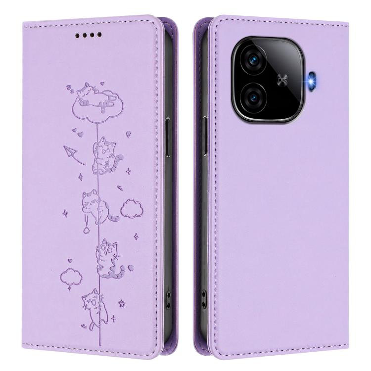 For vivo iQOO Z9 5G / Z9 Turbo 5G Cute Cats Embossed Magnetic RFID Vegan Leather Phone Case
