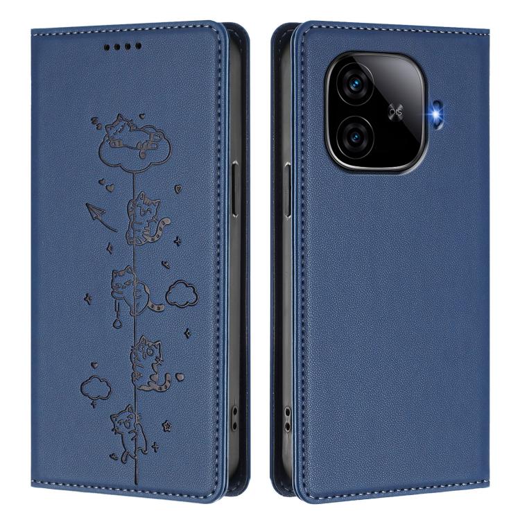 For vivo iQOO Z9 5G / Z9 Turbo 5G Cute Cats Embossed Magnetic RFID Vegan Leather Phone Case
