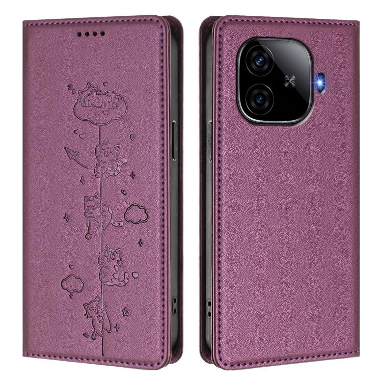 For vivo iQOO Z9 5G / Z9 Turbo 5G Cute Cats Embossed Magnetic RFID Vegan Leather Phone Case