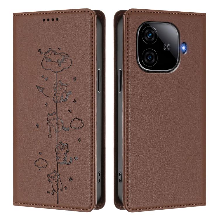 For vivo iQOO Z9 5G / Z9 Turbo 5G Cute Cats Embossed Magnetic RFID Vegan Leather Phone Case