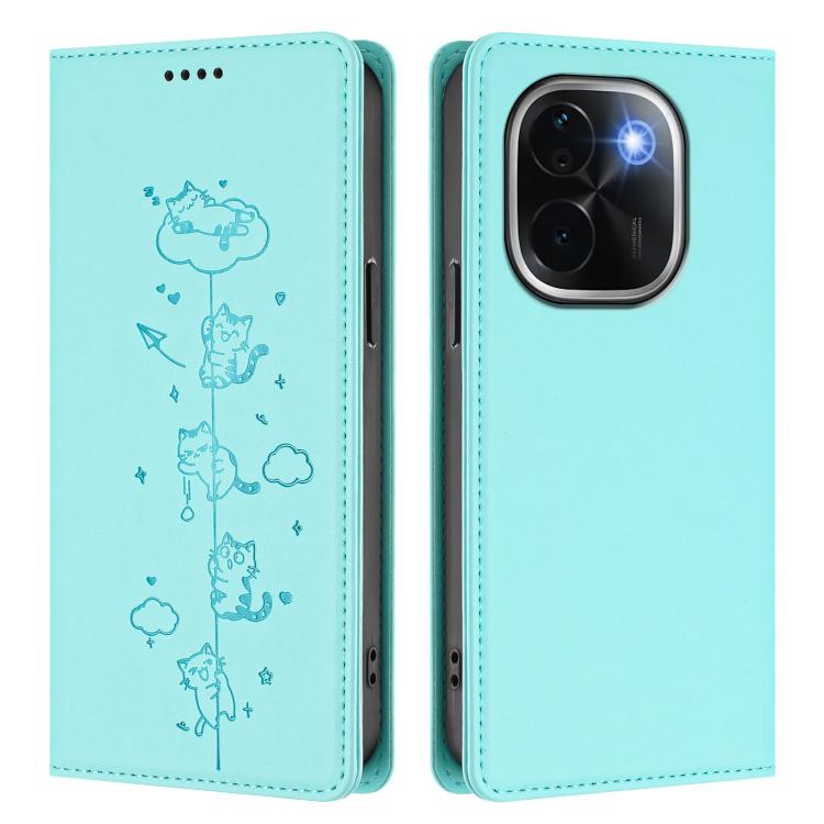 For vivo iQOO Z9s Pro / T3 Pro 5G India Cute Cats Embossed Magnetic RFID Vegan Leather Phone Case