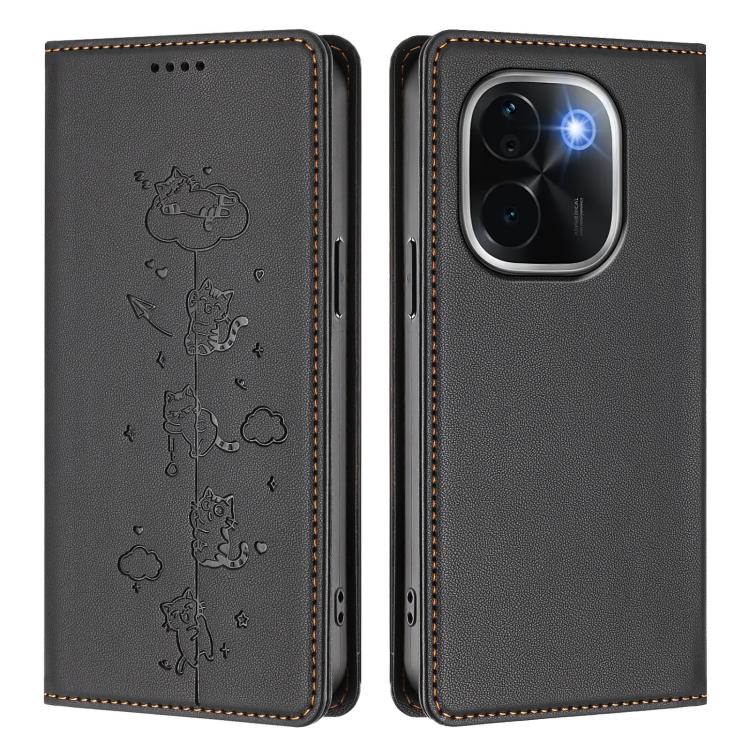 For vivo iQOO Z9s Pro / T3 Pro 5G India Cute Cats Embossed Magnetic RFID Vegan Leather Phone Case