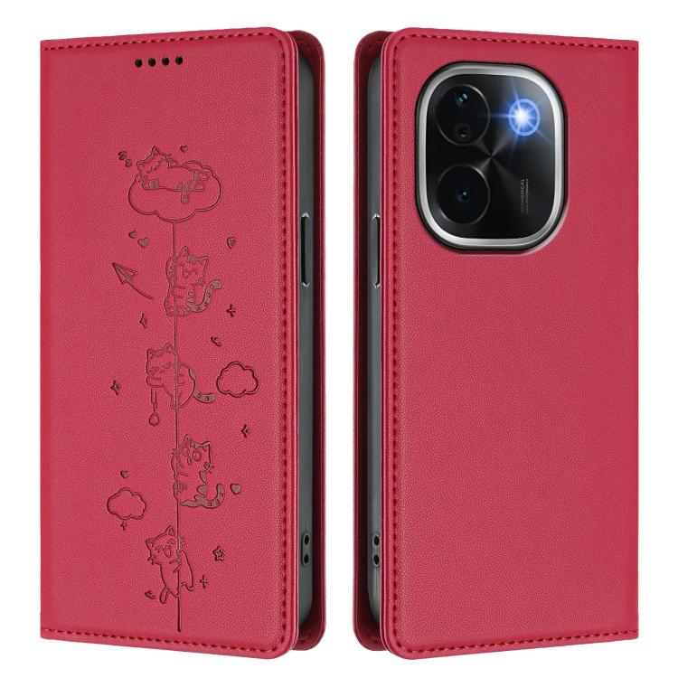 For vivo iQOO Z9s Pro / T3 Pro 5G India Cute Cats Embossed Magnetic RFID Vegan Leather Phone Case