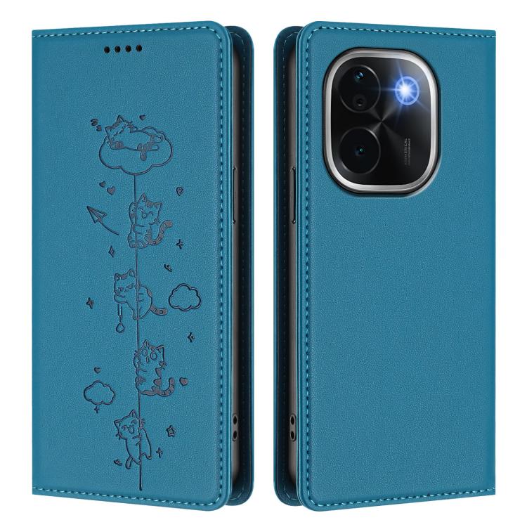 For vivo iQOO Z9s Pro / T3 Pro 5G India Cute Cats Embossed Magnetic RFID Vegan Leather Phone Case