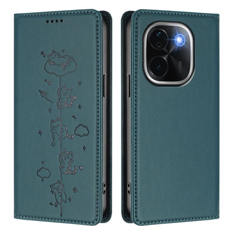 For vivo iQOO Z9s Pro / T3 Pro 5G India Cute Cats Embossed Magnetic RFID Vegan Leather Phone Case