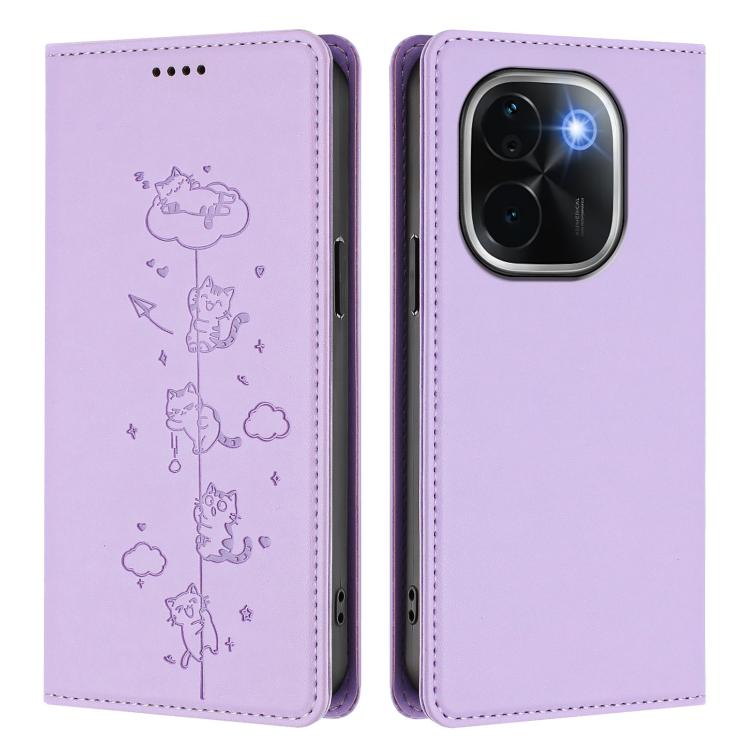 For vivo iQOO Z9s Pro / T3 Pro 5G India Cute Cats Embossed Magnetic RFID Vegan Leather Phone Case