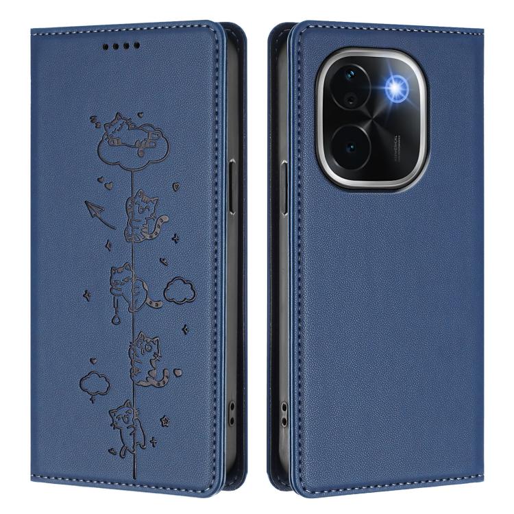 For vivo iQOO Z9s Pro / T3 Pro 5G India Cute Cats Embossed Magnetic RFID Vegan Leather Phone Case