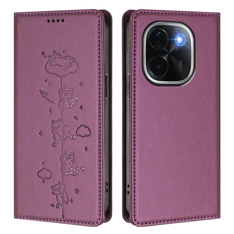 For vivo iQOO Z9s Pro / T3 Pro 5G India Cute Cats Embossed Magnetic RFID Vegan Leather Phone Case