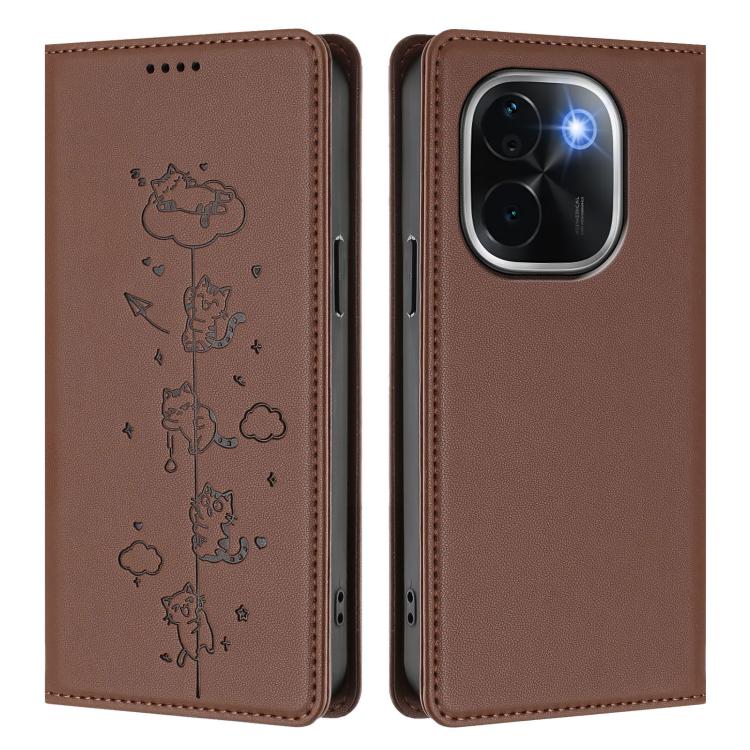 For vivo iQOO Z9s Pro / T3 Pro 5G India Cute Cats Embossed Magnetic RFID Vegan Leather Phone Case