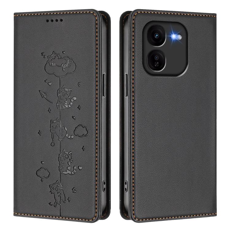 For vivo iQOO Z9x Cute Cats Embossed Magnetic RFID Vegan Leather Phone Case