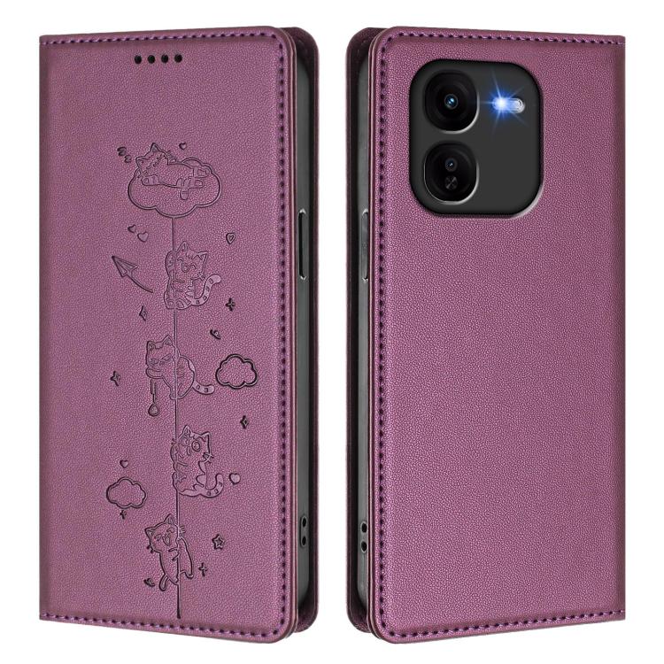 For vivo iQOO Z9x Cute Cats Embossed Magnetic RFID Vegan Leather Phone Case