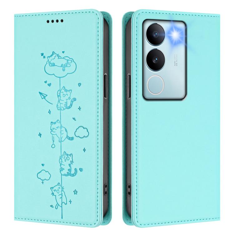 For vivo S17 / S17 Pro / V29 / V29 Pro 5G Cute Cats Embossed Magnetic RFID Vegan Leather Phone Case
