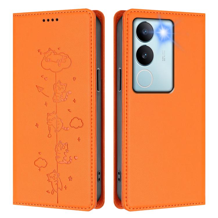 For vivo S17 / S17 Pro / V29 / V29 Pro 5G Cute Cats Embossed Magnetic RFID Vegan Leather Phone Case