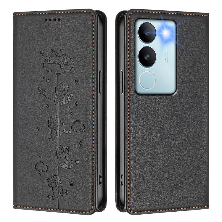 For vivo S17 / S17 Pro / V29 / V29 Pro 5G Cute Cats Embossed Magnetic RFID Vegan Leather Phone Case