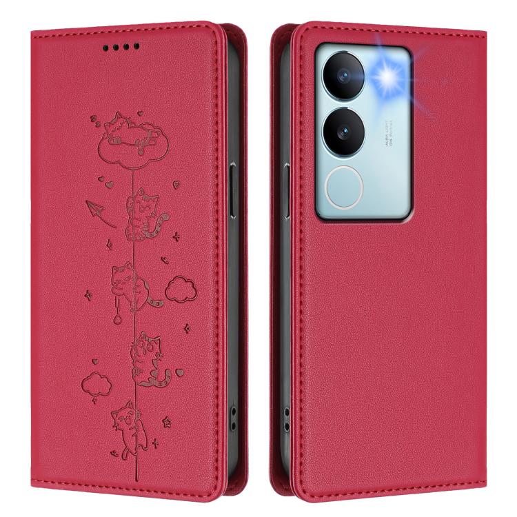 For vivo S17 / S17 Pro / V29 / V29 Pro 5G Cute Cats Embossed Magnetic RFID Vegan Leather Phone Case