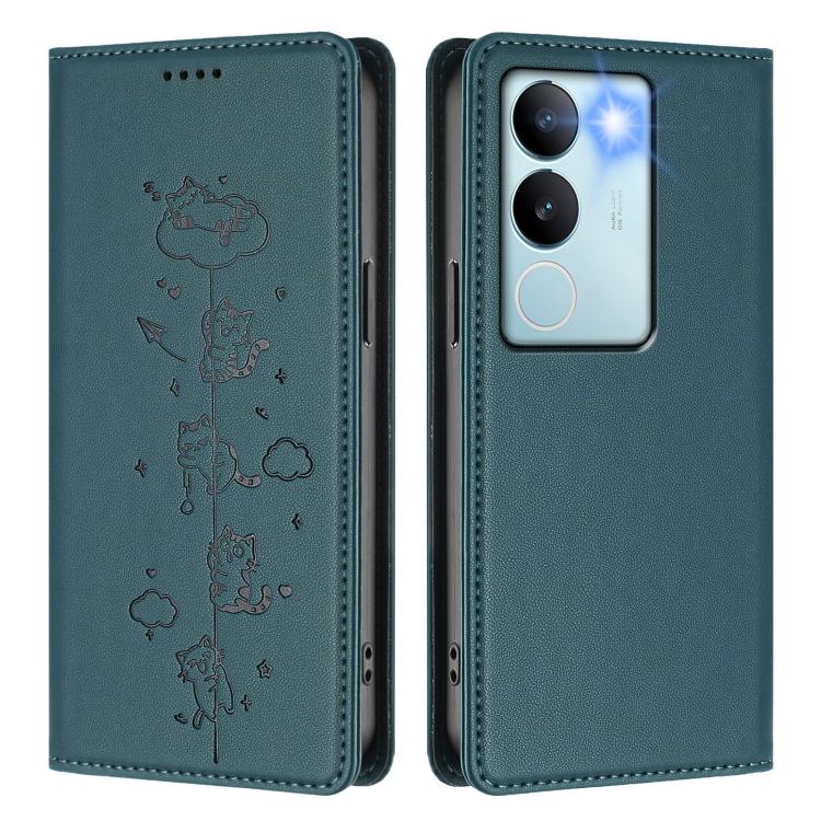 For vivo S17 / S17 Pro / V29 / V29 Pro 5G Cute Cats Embossed Magnetic RFID Vegan Leather Phone Case