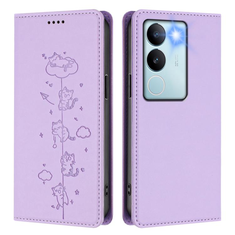 For vivo S17 / S17 Pro / V29 / V29 Pro 5G Cute Cats Embossed Magnetic RFID Vegan Leather Phone Case
