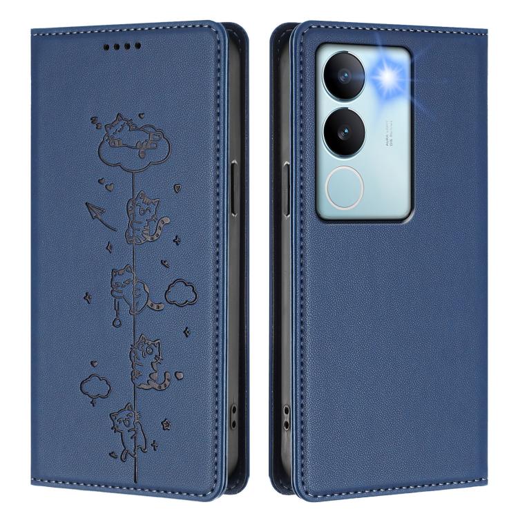 For vivo S17 / S17 Pro / V29 / V29 Pro 5G Cute Cats Embossed Magnetic RFID Vegan Leather Phone Case