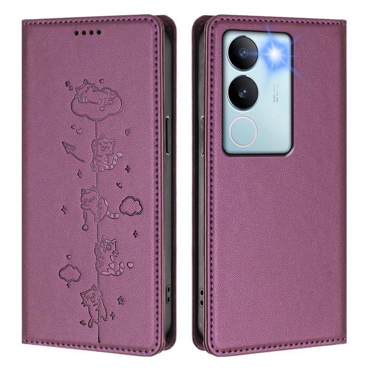 For vivo S17 / S17 Pro / V29 / V29 Pro 5G Cute Cats Embossed Magnetic RFID Vegan Leather Phone Case