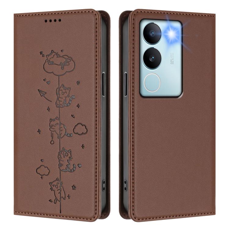 For vivo S17 / S17 Pro / V29 / V29 Pro 5G Cute Cats Embossed Magnetic RFID Vegan Leather Phone Case