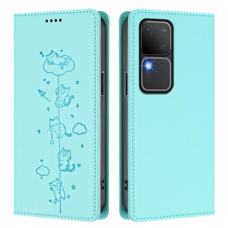 For vivo S18 / S18 Pro / V30 / V30 Pro 5G Cute Cats Embossed Magnetic RFID Vegan Leather Phone Case